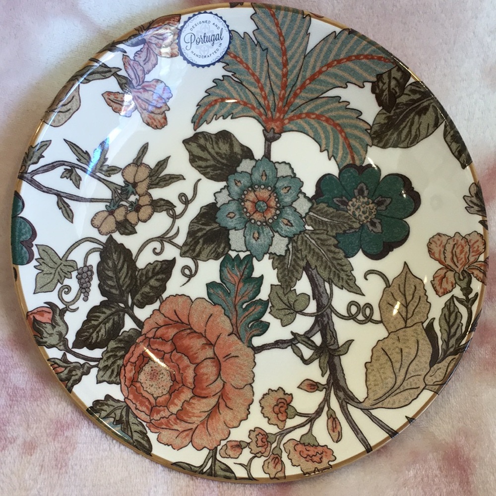 Coffee Teal Peach Floral Serving Plate Ceramic Portugal NWT 9.50” across
